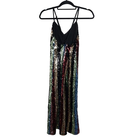Lucy Paris Multicolor Striped Sequin Spaghetti Strap Midi Dress SZ S - Picture 2 of 11